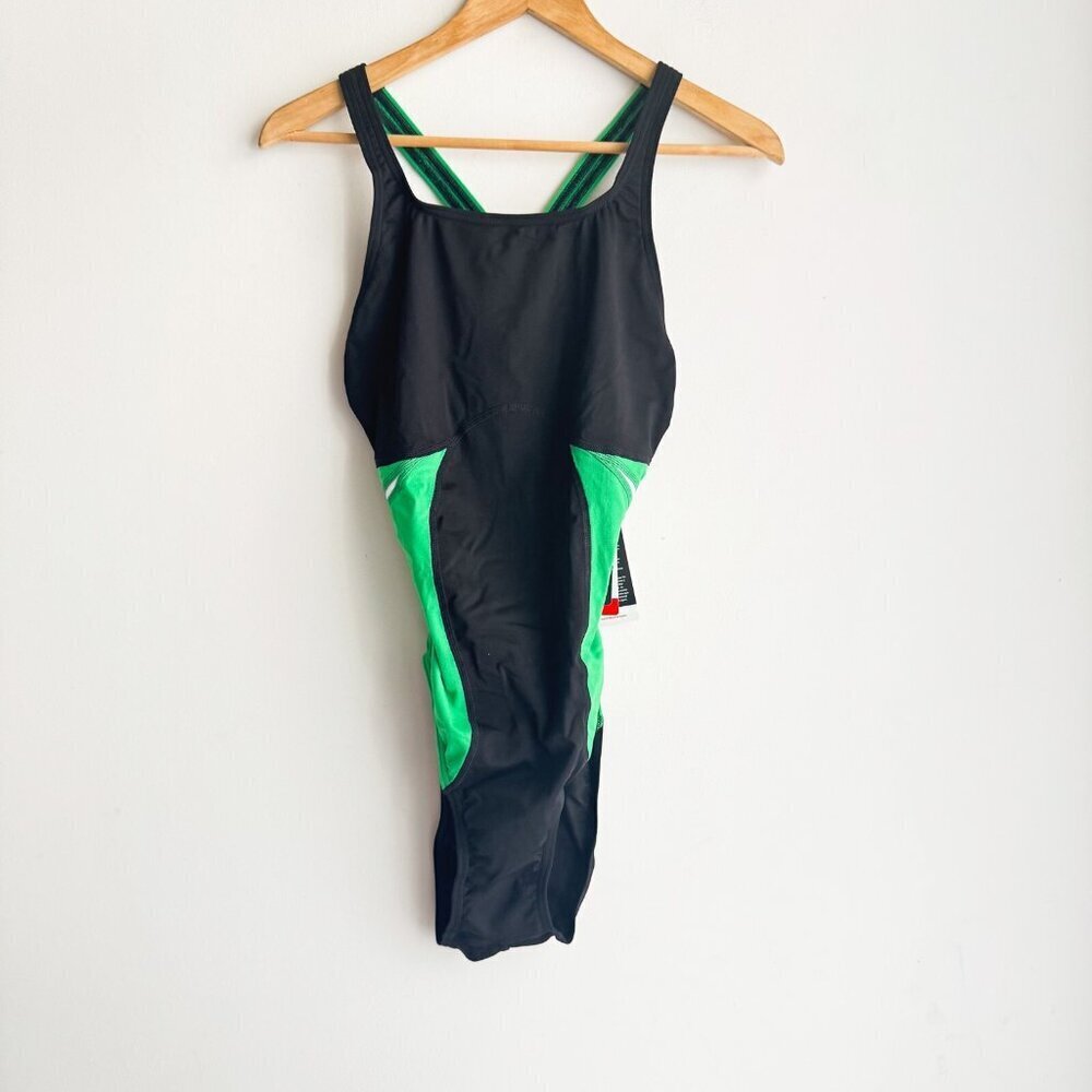 Speedo Endurance Black Green Color block Sports One Piece Swimsuit 12